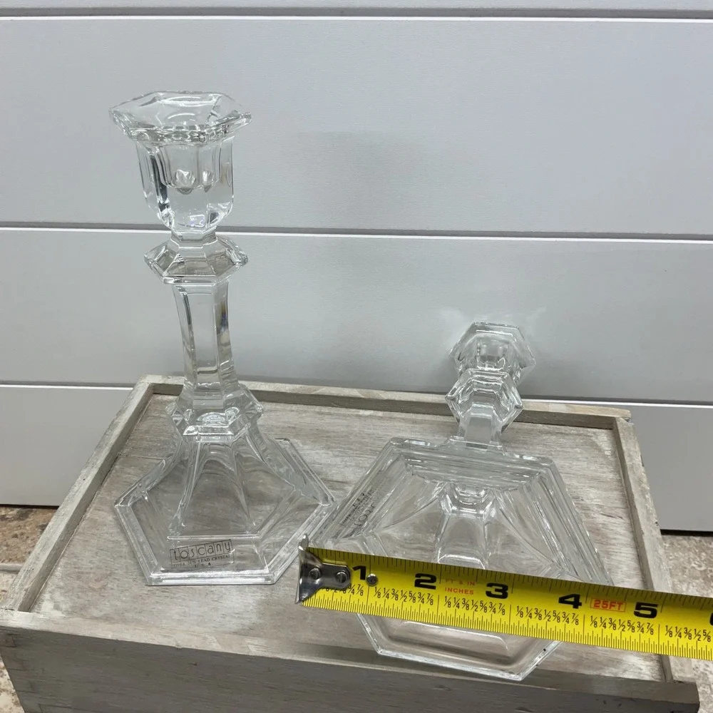 Toscany Lead Crystal Candlestick Set Hexagon Base 8.5 Inch Made in USA Clear